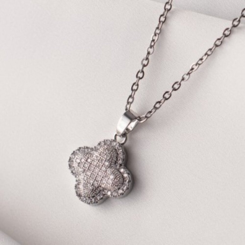 Nikola Valenti White Gold Plated Pave Clover Necklace